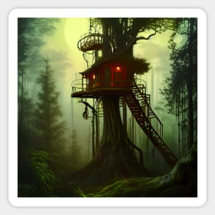 Magical Cottage Tree House with Lights in Forest with High Trees, Scenery Nature Sticker